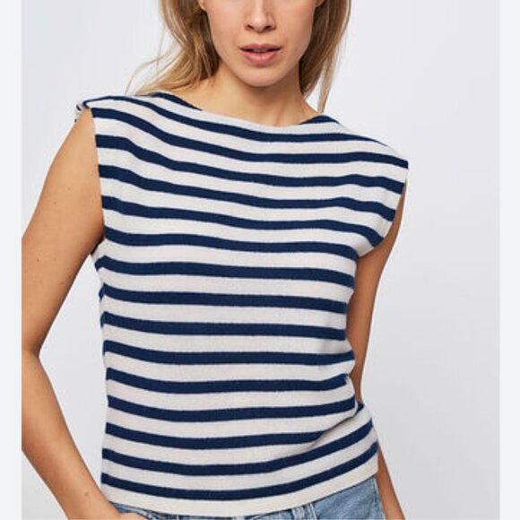 NONAME 100% Cashmere Navy & White Stripe Cashmere Top Size M - Picture 1 of 4